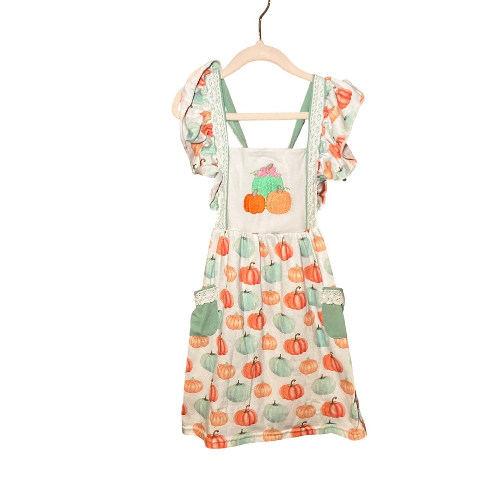 Honey Bean Pumpkin Pinafore Dress Kids 6 White Orange Fall Embroidery
Harvest